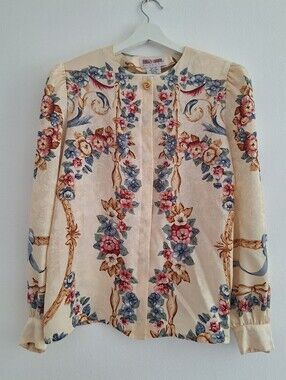 Maggy London Cream Floral Silk Blouse with Gold Button